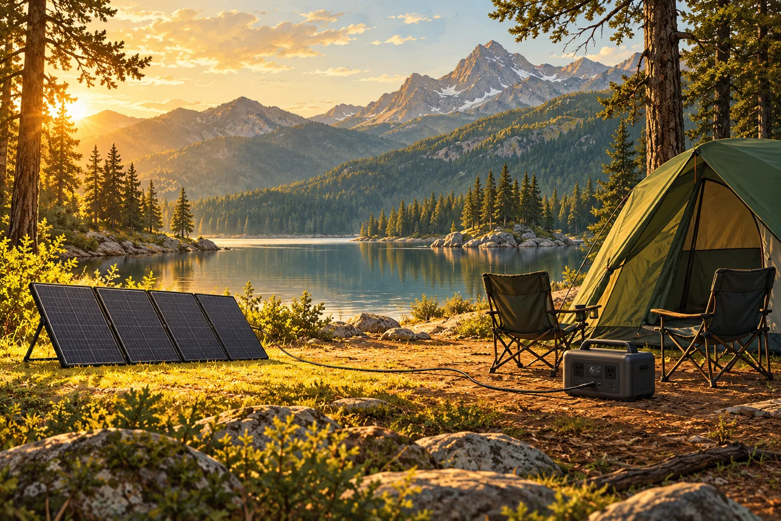 Illustrated lakeside campsite with a tent, folding solar panels and a portable power station in warm evening light